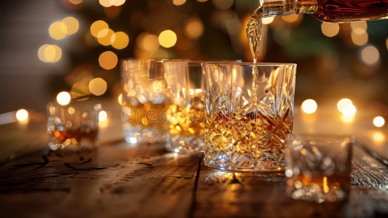 Whiskey is being poured into a crystal glass with bokeh lights in the background. image. Bokeh whiskey stock images, royalty-free photos and pictures