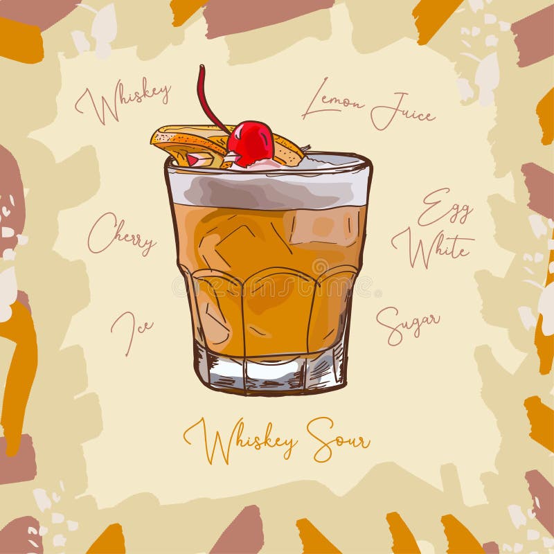 Whiskey Sour Contemporary Classic Cocktail Illustration Alcoholic Bar Drink Hand Drawn Vector 