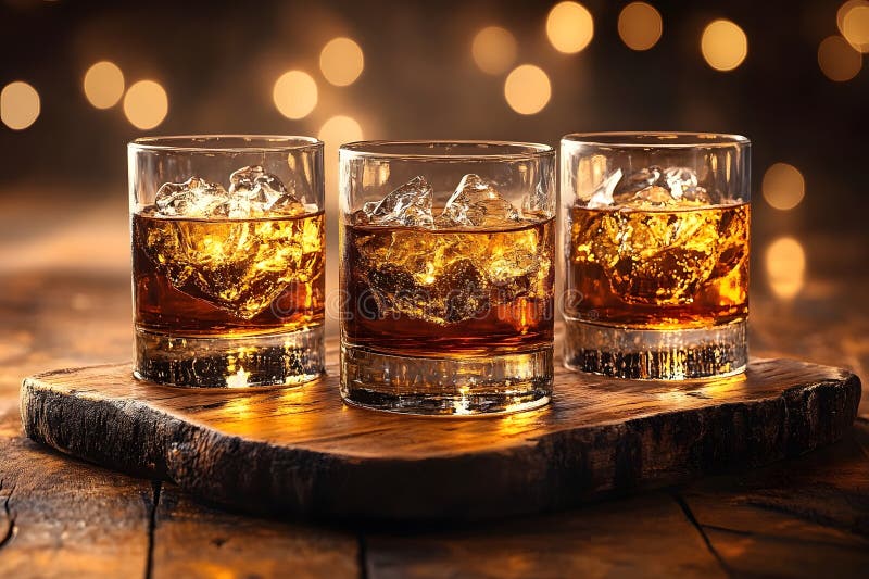 Whiskey Trio auf rustikalem Holz mit warmem Bukh Hintergrund für Bar Themen und Getränke Design generative ai stock abbildung