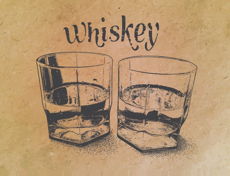Whiskey in vetri su fondo di carta inciso illustrazione vettoriale Whiskey in vetri su fondo di carta inciso illustrazione vettoriale