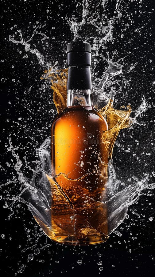 Whisky Bottle Mockup on Dark Background with Liquid Splashes Stock Photo Image of whisky