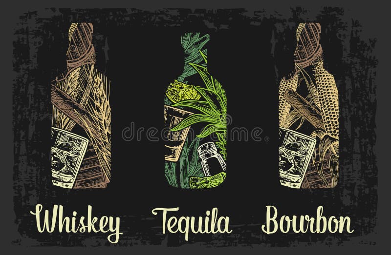 Whisky y botella del tequila con el vidrio, los cubos de hielo, el barril, el cigarro, el cactus, la sal y la cal