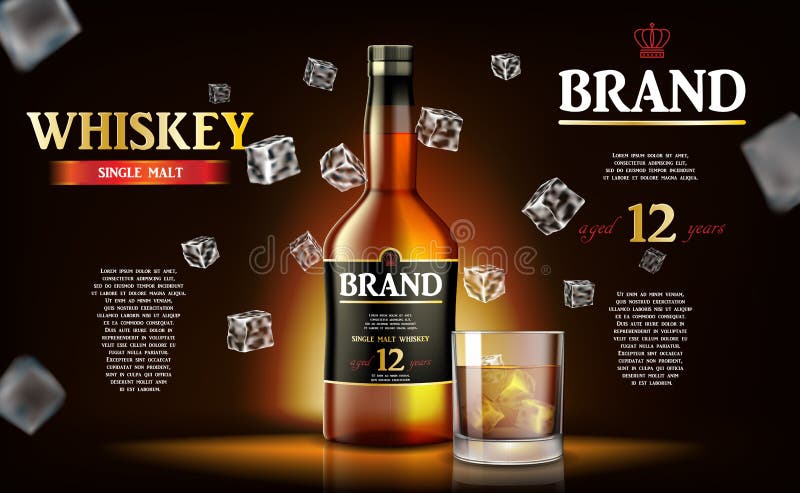 Whiskyanzeigen beschriften Entwurf Realistische Glaswhiskyflasche mit Fliegeneiswürfeln auf dunklem Hintergrund Vektor 3D vektor abbildung Whiskyanzeigen beschriften Entwurf Realistische Glaswhiskyflasche mit Fliegeneiswürfeln auf dunklem Hintergrund Vektor 3D vektor abbildung