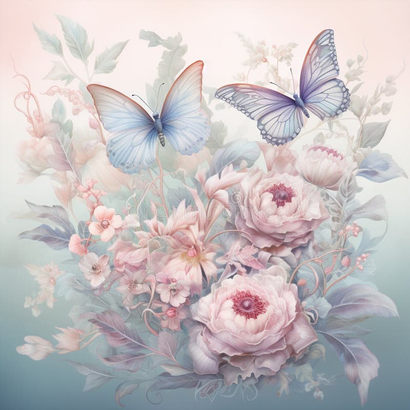 Whispering Winds: Delicate Butterflies and Soft Pastel Flowers for a Serene Emblem