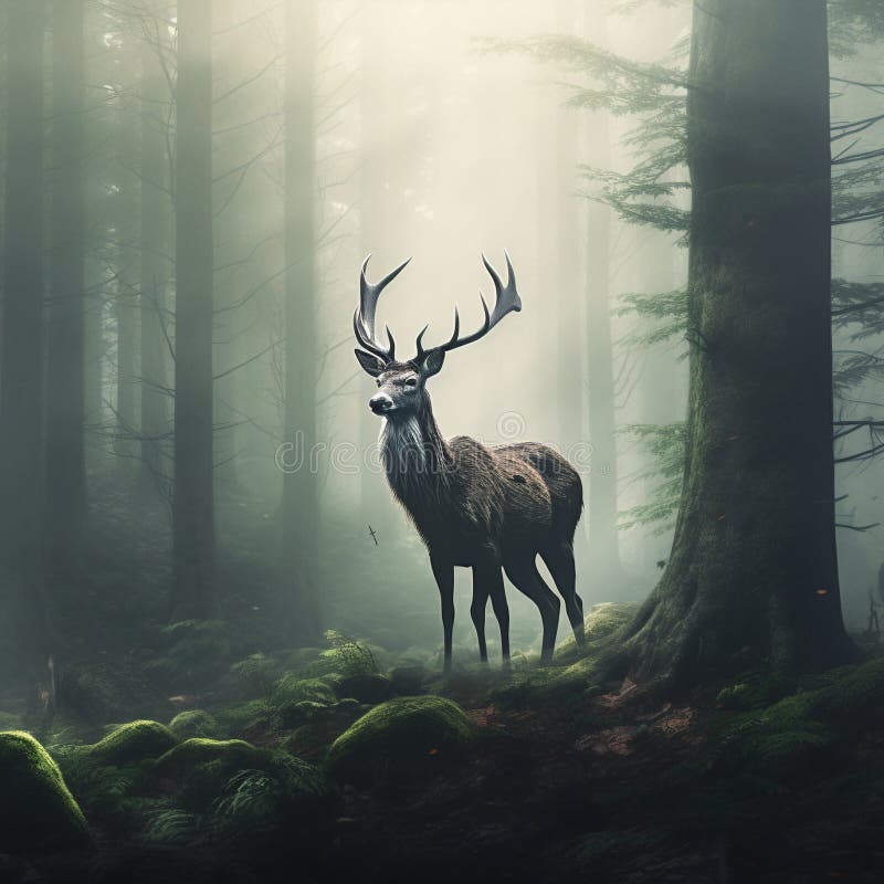 Whispering Woods - A deer attentively listening in a forest thick with fog. Step into the enchanting world of the Whispering Woods, where a deer stands