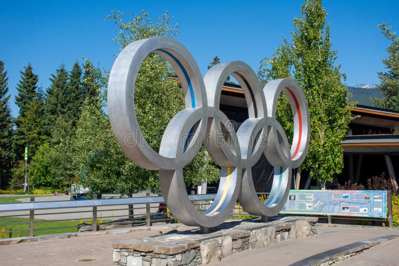 `Whistler, British Columbia/Canada - 08/07/2019: Whistler village Vancouver 2010 Olympics rings in the Olympic village in the summer blue sky