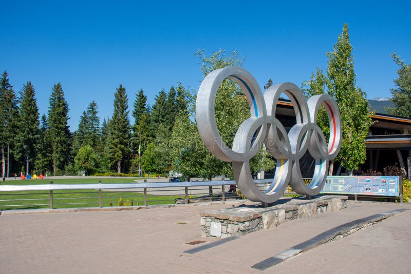 `Whistler, British Columbia/Canada - 08/07/2019: Whistler village Vancouver 2010 Olympics rings in the Olympic village in the summer blue sky