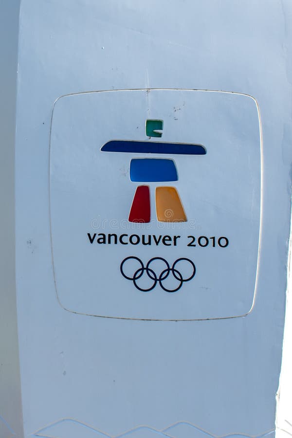 `Whistler, British Columbia/Canada - 08/07/2019: Whistler village Vancouver 2010 Olympics sign and logo for games the inukshuk.