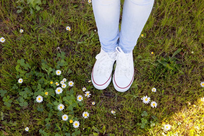 Whit white sneakers in a flowery meadow.