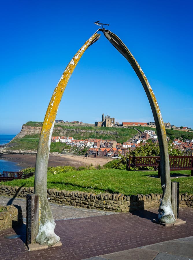 Whitby Abbey through whale bone arch in Whitby stock image Whitby Abbey through whale bone arch in Whitby stock image