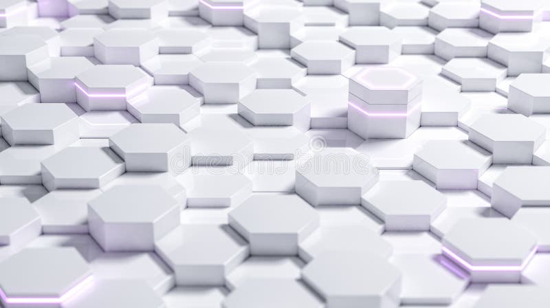 White abstract futuristic hexagonal background with purple light, 3D rendering vector illustration