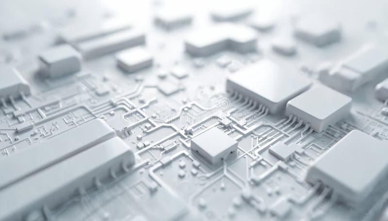 White abstract futuristic tech background with circuit board texture. Geometric three-dimensional components, microchips stock illustration