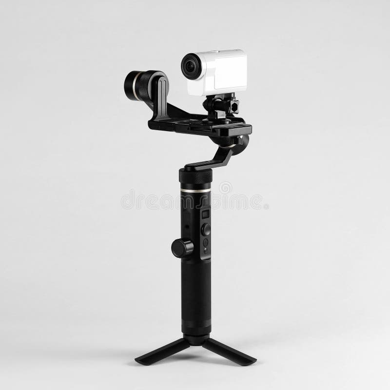 White action camera on three-axis stabilizer. Close up. Isolated on grey background royalty free stock photo