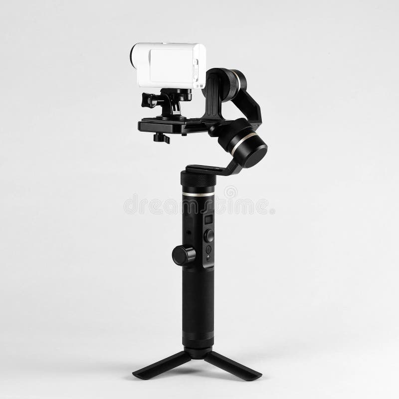 White action camera on three-axis stabilizer. Close up. Isolated on grey background stock images