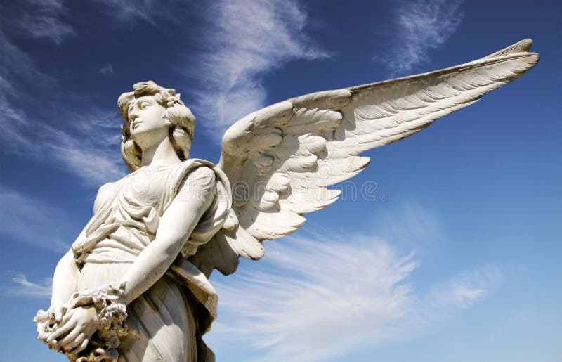 Angel. White guardian angel marble sculpture with open long wings on a bright sunny blue sky royalty free stock photo Angel. White guardian angel marble sculpture with open long wings on a bright sunny blue sky royalty free stock photo