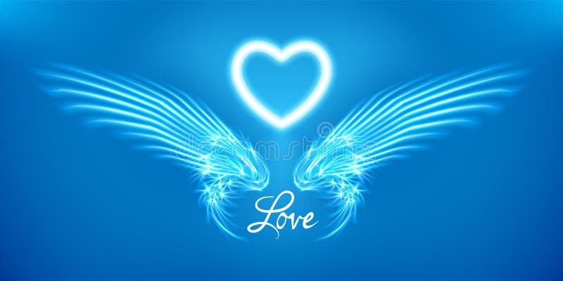 White angel wings and heart on blue background. Glowing fantasy, Valentines day attribute. Inscription love. Happy greeting card royalty free illustration White angel wings and heart on blue background. Glowing fantasy, Valentines day attribute. Inscription love. Happy greeting card royalty free illustration