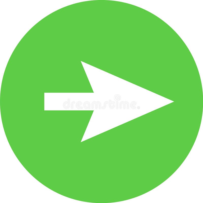 White arrow pointing to the right on a green circle background, simple graphic design element ideal for indicating direction stock illustration