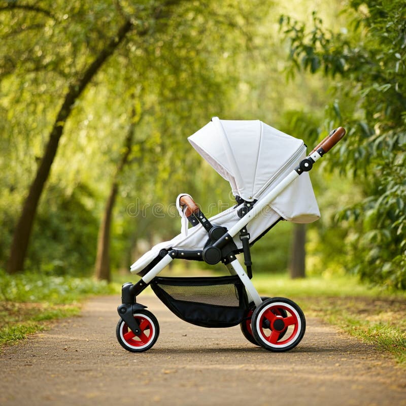 White baby stroller with red wheels on a paved path in a park. The stroller has a canopy stock illustration