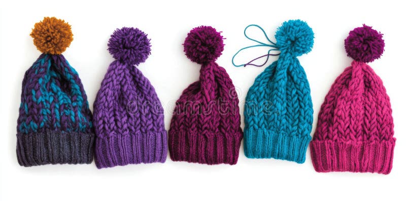 On a white background, an array of vibrant knitted hats is arranged to present hat design concepts, including a bright royalty free stock photo