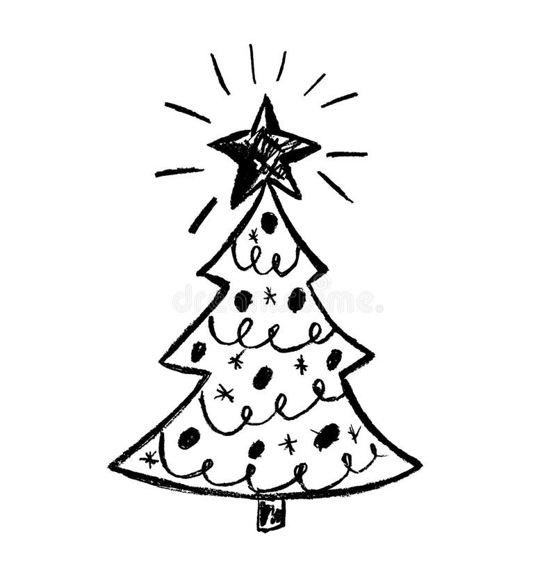On a White Background, the Black Outline of a Christmas Tree with a Star Stock Illustration 