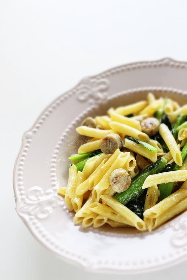 Italian Food, Sausage and Spinach Penne Pasta Stock Photo - Image of