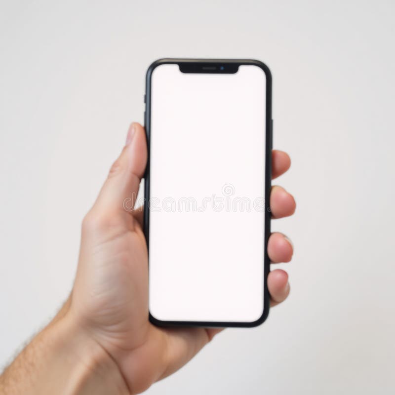 White background features an empty smartphone held by hand against a stark contrast showcasing conceptual design of technology and royalty free illustration