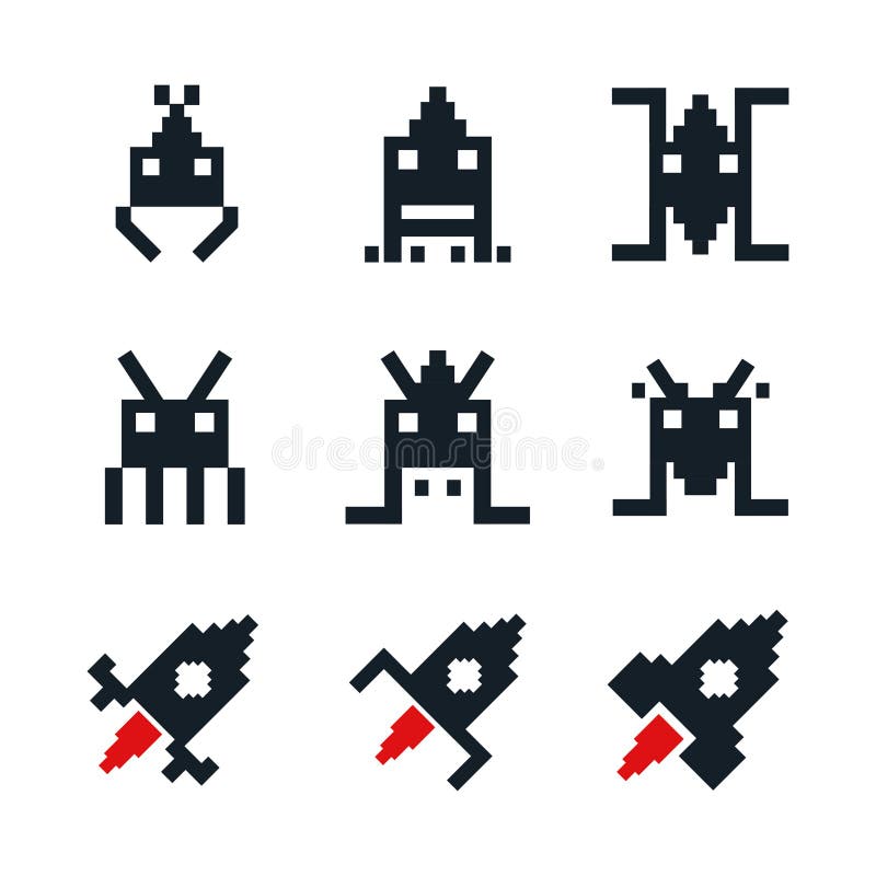 White background with icons space aliens and spatial rocket old arcade game stock illustration White background with icons space aliens and spatial rocket old arcade game stock illustration