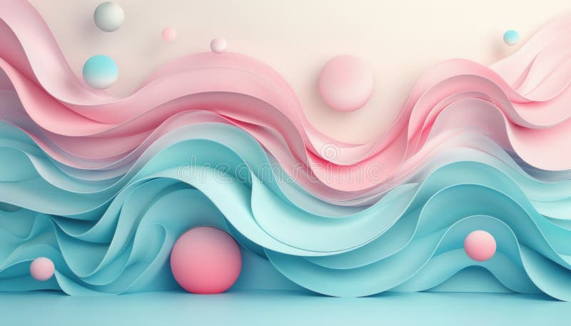 On a white background lies a mesmerizing pink and blue wave adorned with pink balls stock photos
