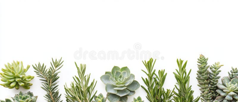 A white-background line art display featuring green plants, with generous copy space for text and design elements stock images