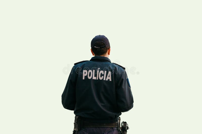 On white background a policeman is standing with his back in special clothes with the inscription Police in