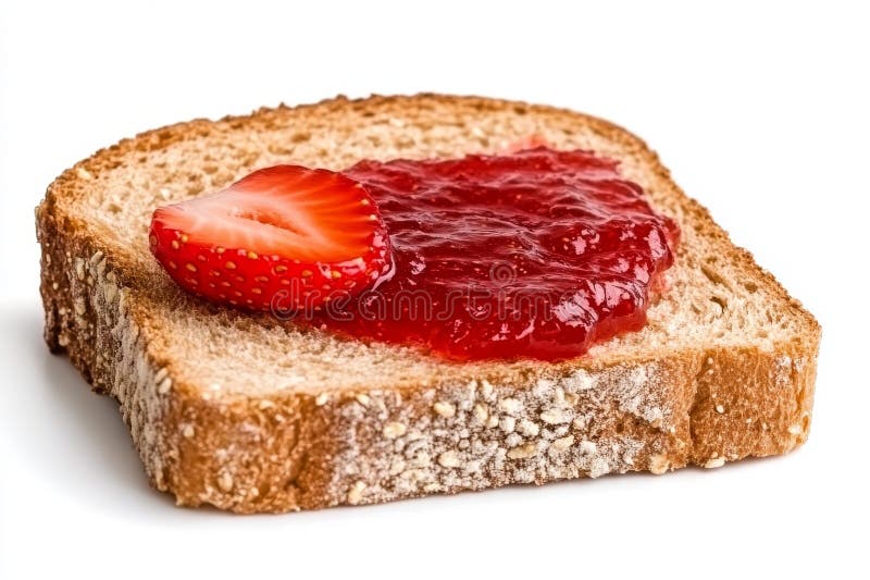 On a white background, a single slice of bread with strawberry jam is prominently displayed royalty free stock images