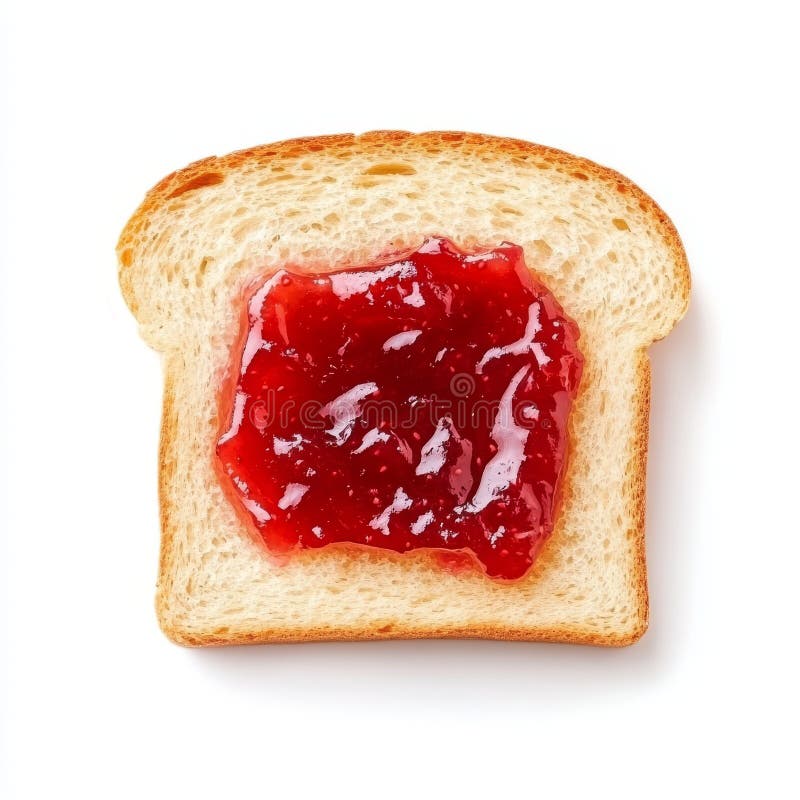 On a white background, a slice of bread is isolated with a topping of strawberry jam, captured from a top view royalty free stock photography