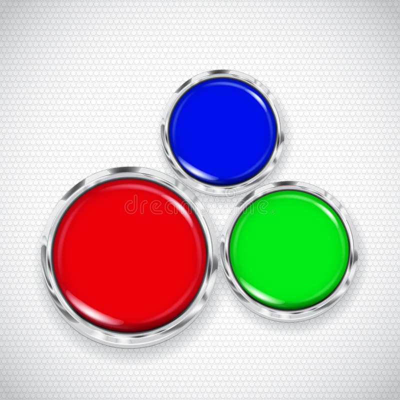 White background with small circles and three buttons