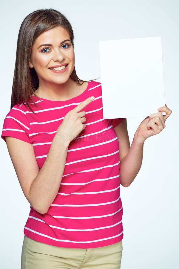 White Banner. Smiling Woman Holding Sign Board Stock Image - Image of ...