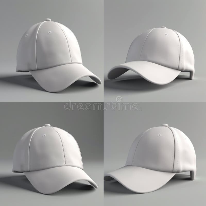 White Baseball Cap in Four Different Angles Views. Mock Up Stock Photo