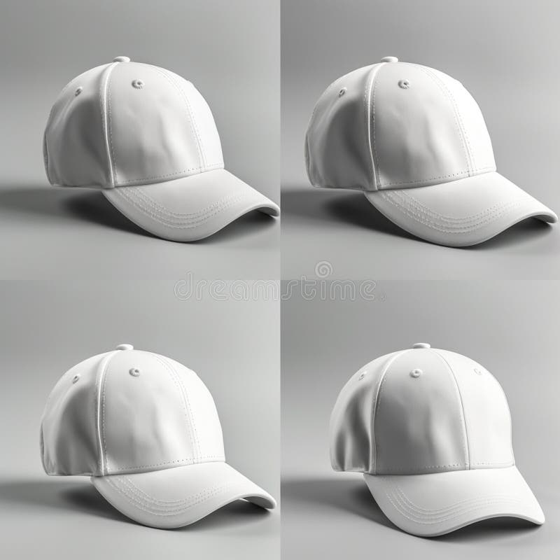 White Baseball Cap in Four Different Angles Views. Mock Up Stock Image