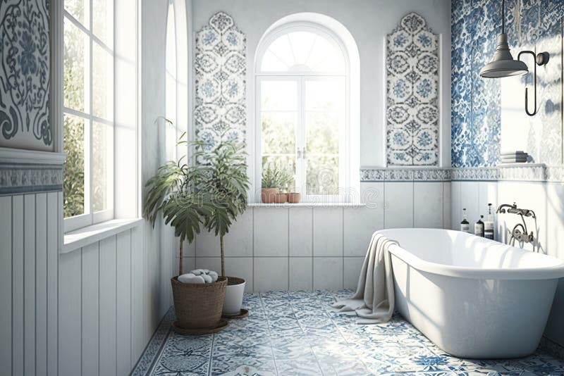 White Bathroom with Turkish Tiles, Created with Generative AI