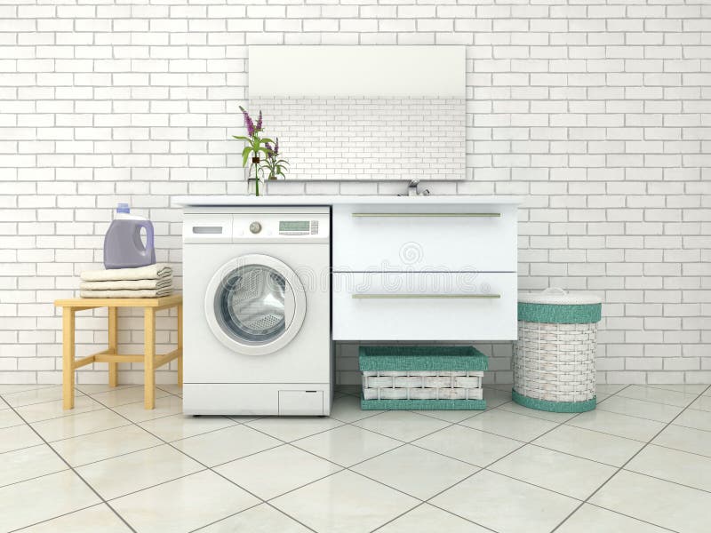 White Bathroom with Washing Machine. Stock Image Image of cleaning