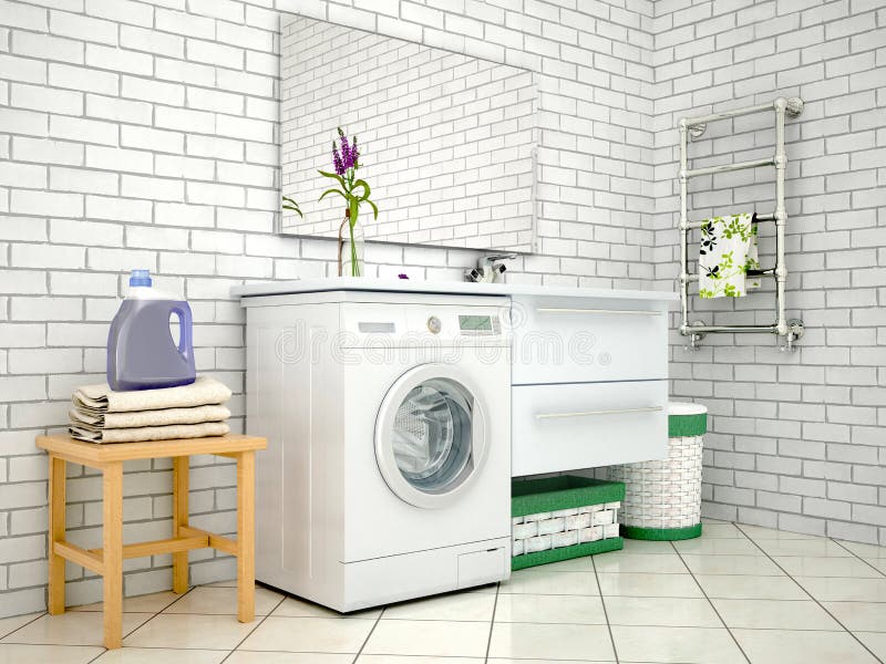 White Bathroom with Washing Machine. Stock Photo Image of washing