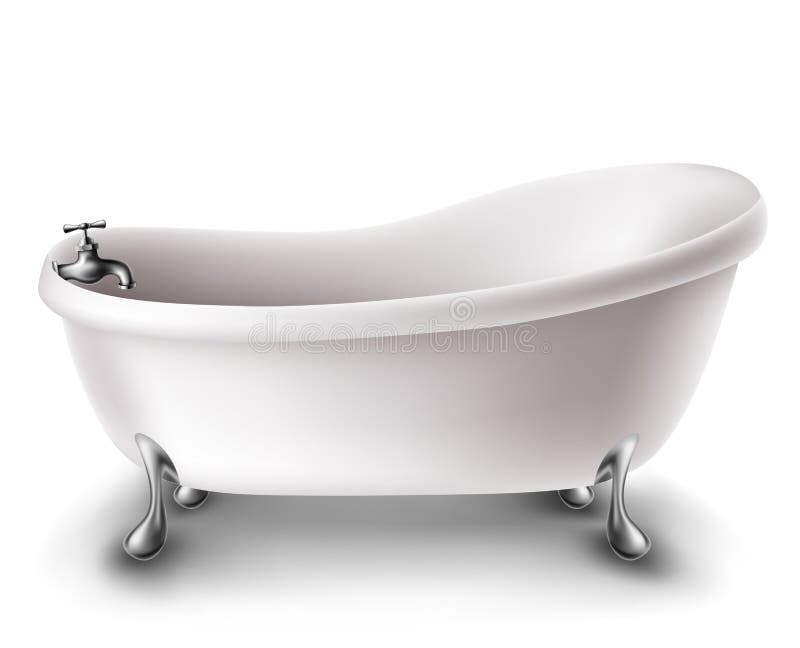 White bathtub with metallic legs and tap on white background