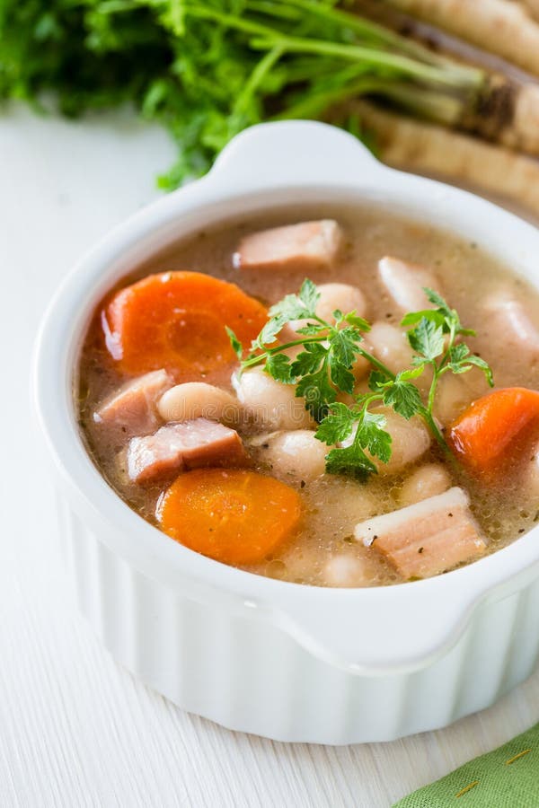 White Bean Soup Made of Beans, Carrot and Ham Stock Image Image of