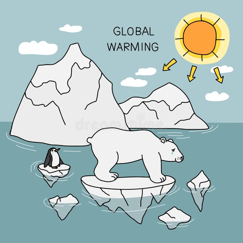 Global warming, Bear and penguin cry on ice break cartoon vector illustration
