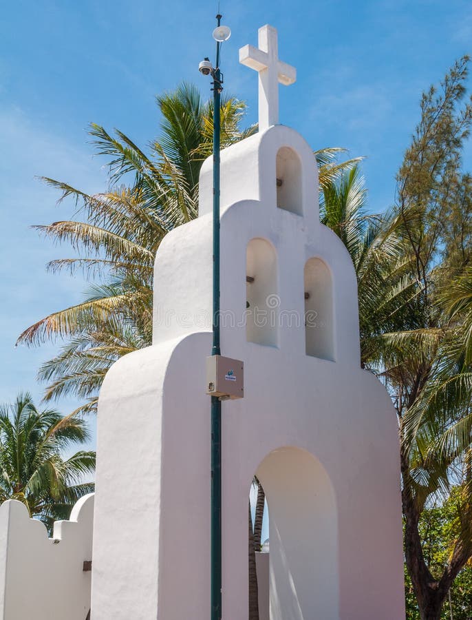 White Beautiful Catholic Church in the center of Playa del Carme stock image White Beautiful Catholic Church in the center of Playa del Carme stock image