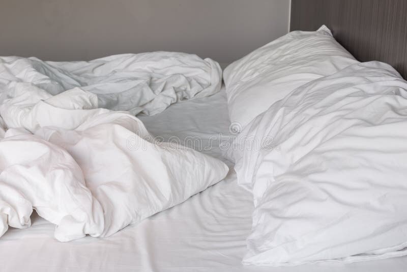 White Bedding Sheets and Pillow, Messy Bed Concept Stock Image Image