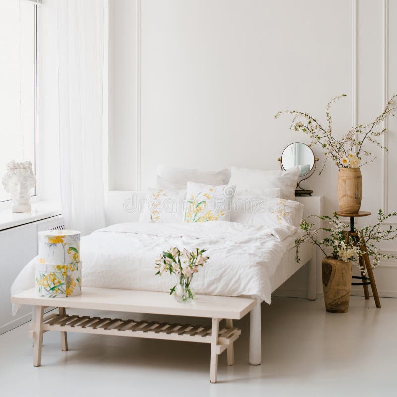 White Bedroom Interior with Windows, Spring Accessories and White