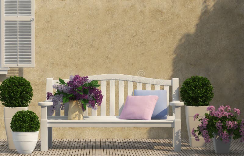 White bench and lilac flowers