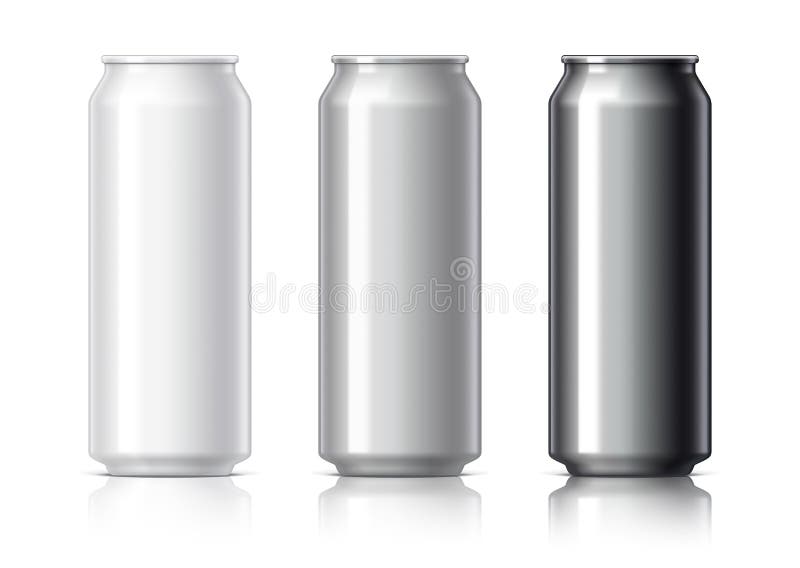 White black and gray aluminum cans for beer and soft drinks or energy. Packaging 500 ml. Object, shadow, and reflection on separate layers. Vector illustration
