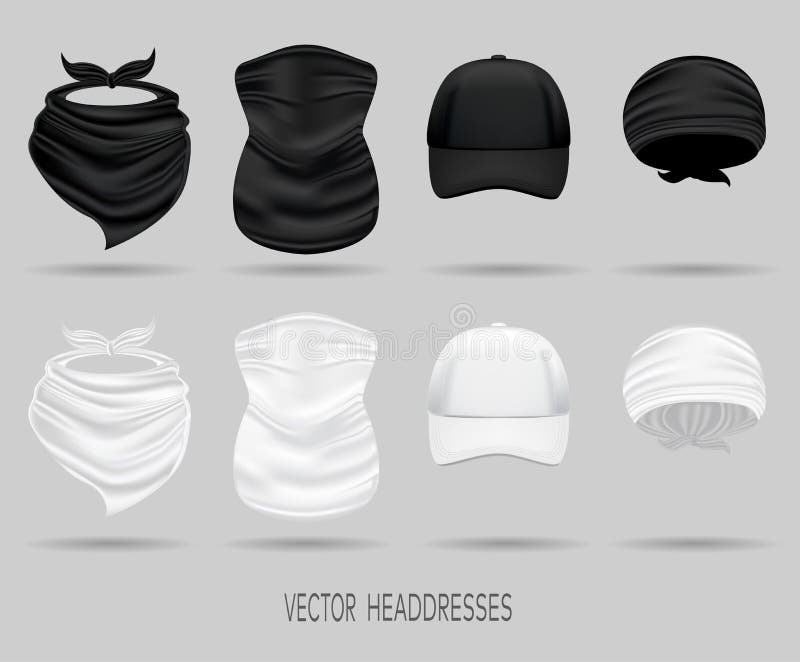 White and Black Head Bandanas and Cap, Neck Scarf and Buff. Stock Vector -  Illustration of mockup, model: 145805222