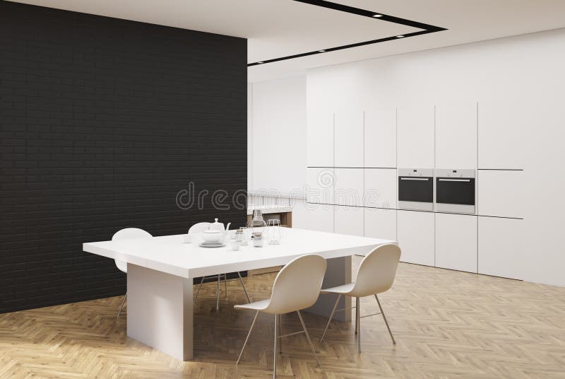 White and Black Kitchen with a Table, Corner Stock Illustration