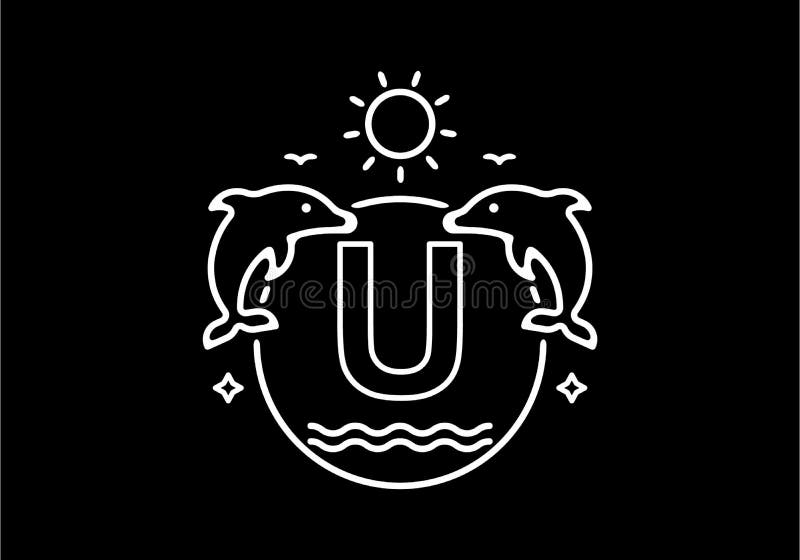 White Black Line Art Illustration of U Initial Name in Dolphins Frame